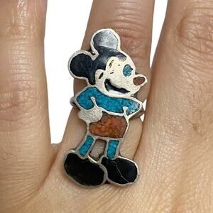 Vintage Mickey Mouse Sterling Silver Turquoise Coral Onyx Ring